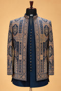 Men's Premium Navy Blue and Gold Brocade Indo-Western Sherwani Set for Weddings