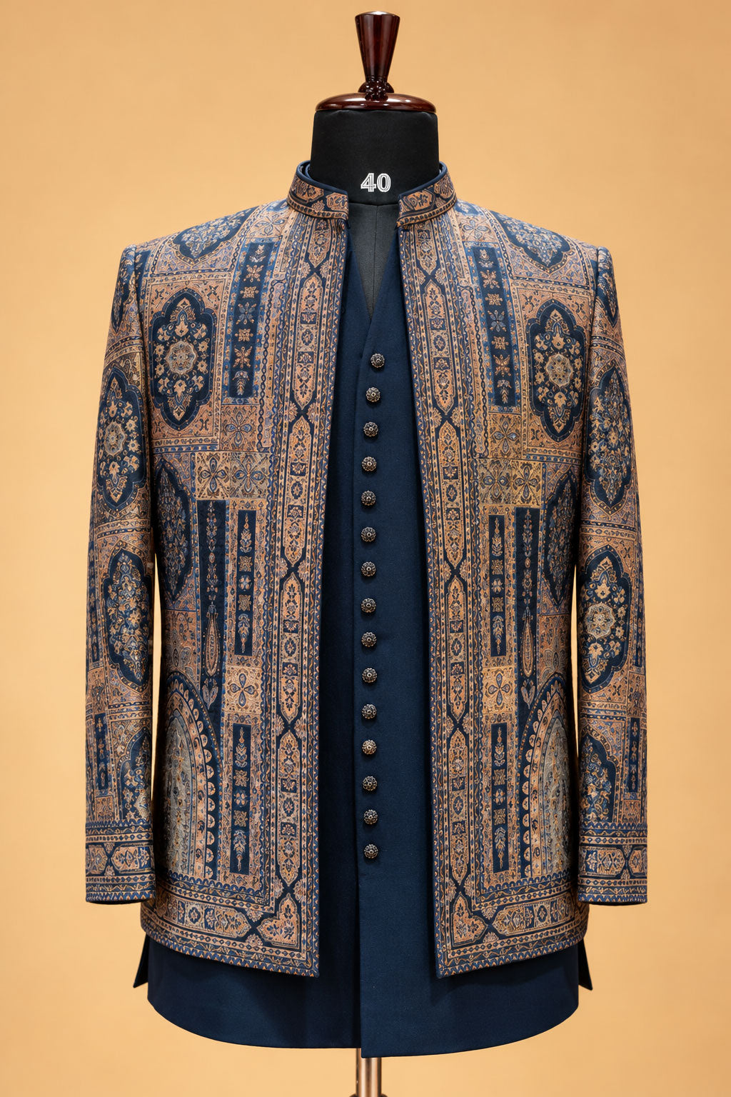Men's Premium Navy Blue and Gold Brocade Indo-Western Sherwani Set for Weddings