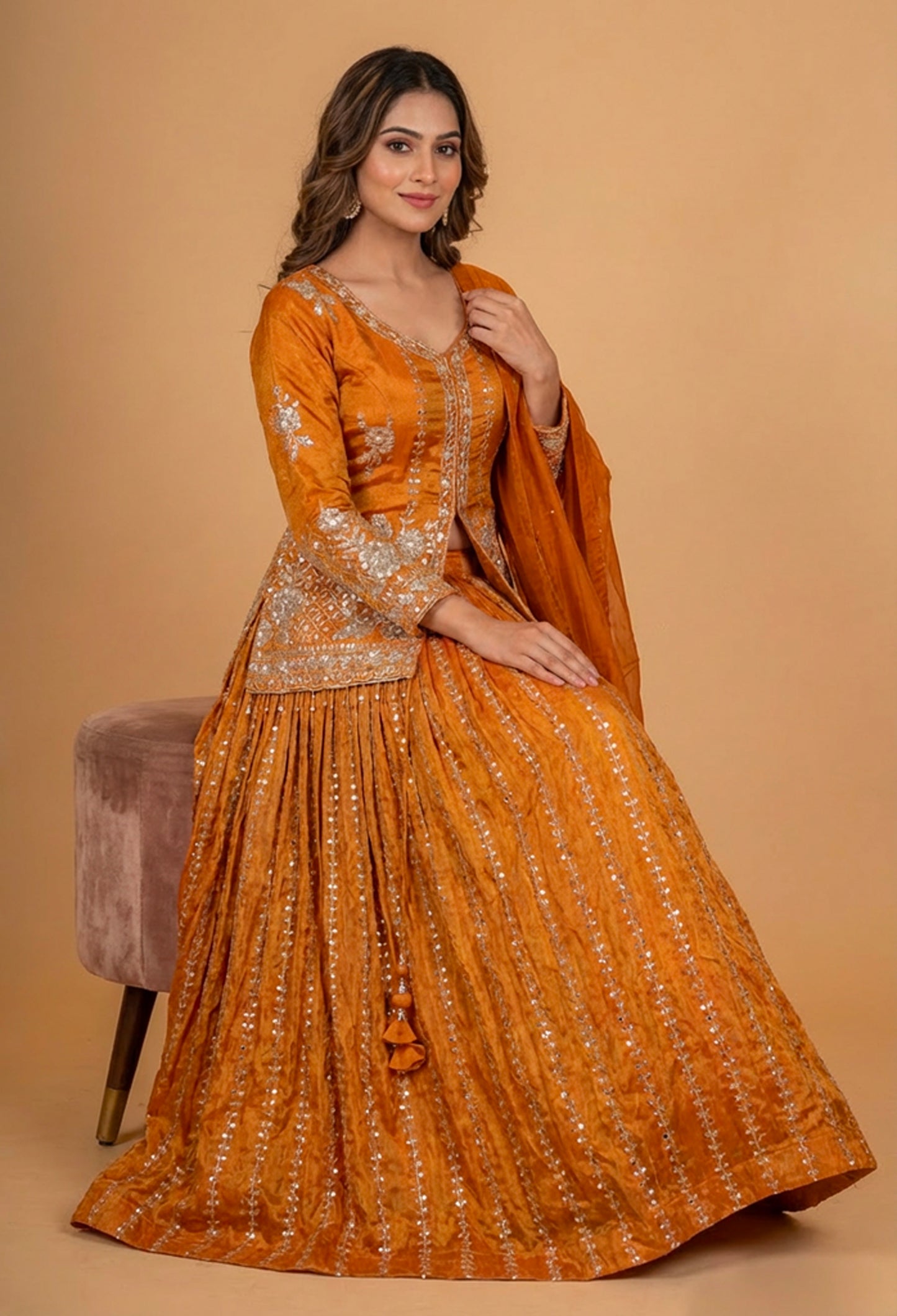 Mustard Orange Embroidered Lehenga Set with Dupatta