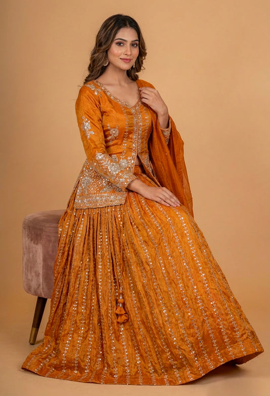 Mustard Orange Embroidered Lehenga Set with Dupatta