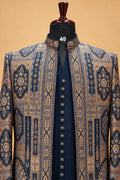 Men's Premium Navy Blue and Gold Brocade Indo-Western Sherwani Set for Weddings