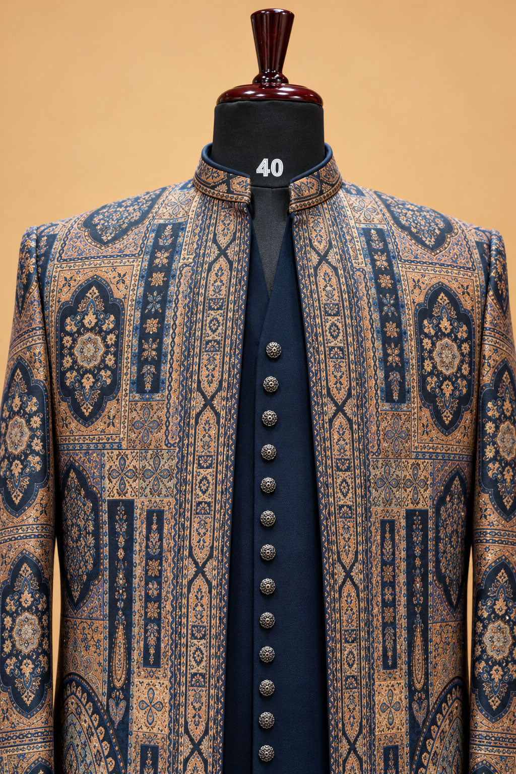 Men's Premium Navy Blue and Gold Brocade Indo-Western Sherwani Set for Weddings