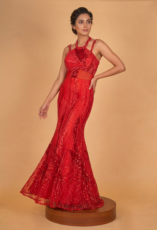 Red Sequin Embellished Mermaid Evening Gown for Women