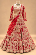 Luxury Red Bridal Lehenga with Heavy Gold Embroidery and Royal Architectural Motifs