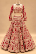 Luxury Red Bridal Lehenga with Heavy Gold Embroidery and Royal Architectural Motifs