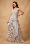 Champagne Gold Embellished Draped Evening Gown for Women