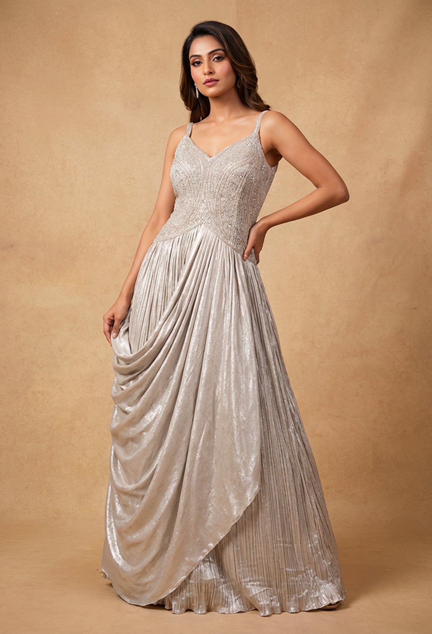 Champagne Gold Embellished Draped Evening Gown for Women
