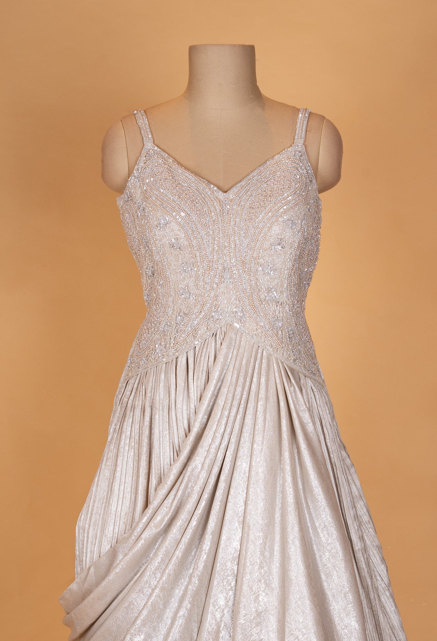 Champagne Gold Embellished Draped Evening Gown for Women