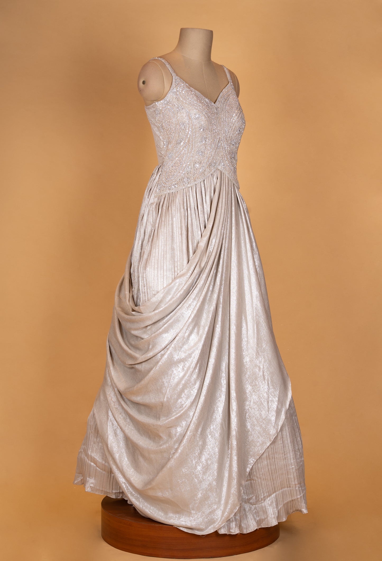 Champagne Gold Embellished Draped Evening Gown for Women