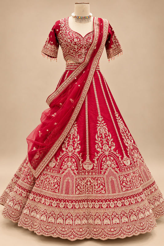 Luxury Maroon Bridal Lehenga with Intricate Gold Embroidery and Scalloped Border