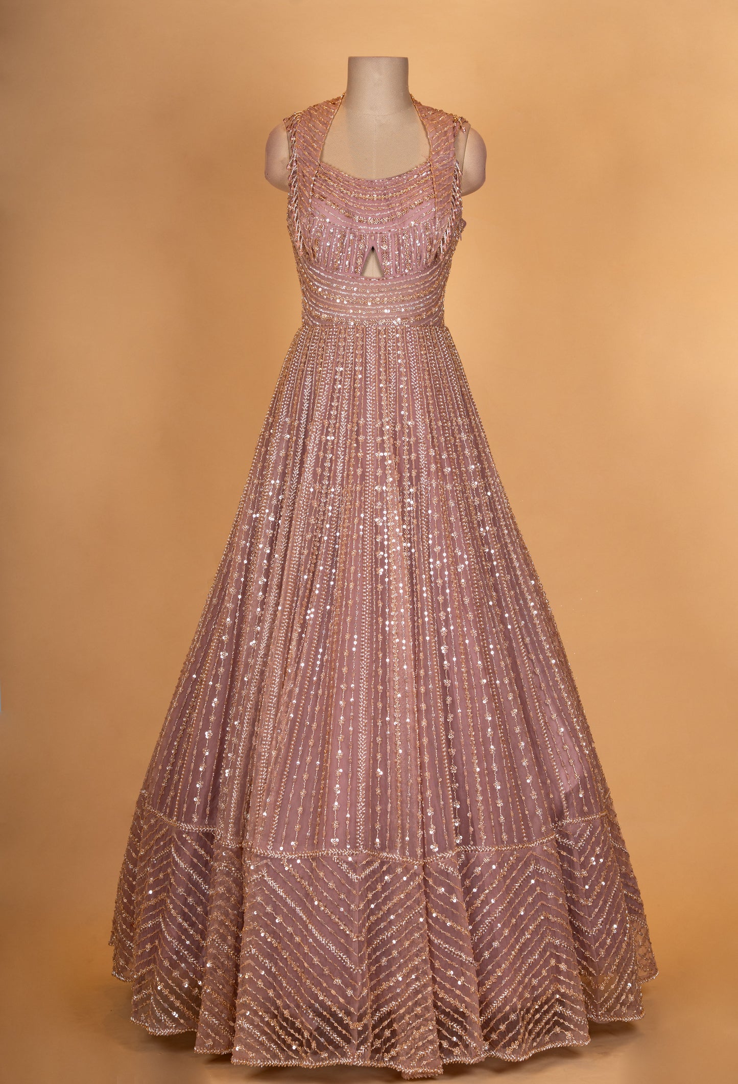 Rose Gold Sequin Embroidered Anarkali Gown for Women