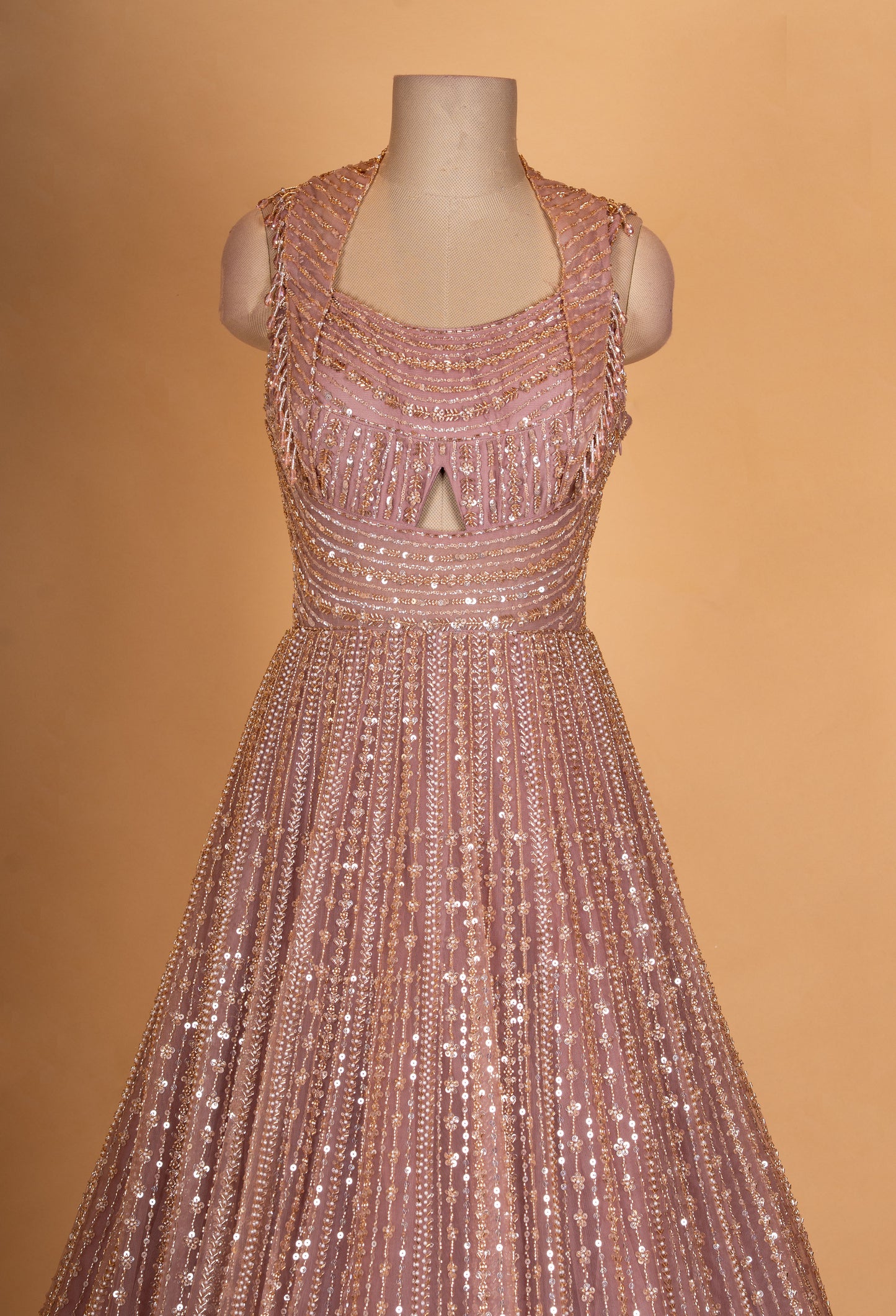 Rose Gold Sequin Embroidered Anarkali Gown for Women