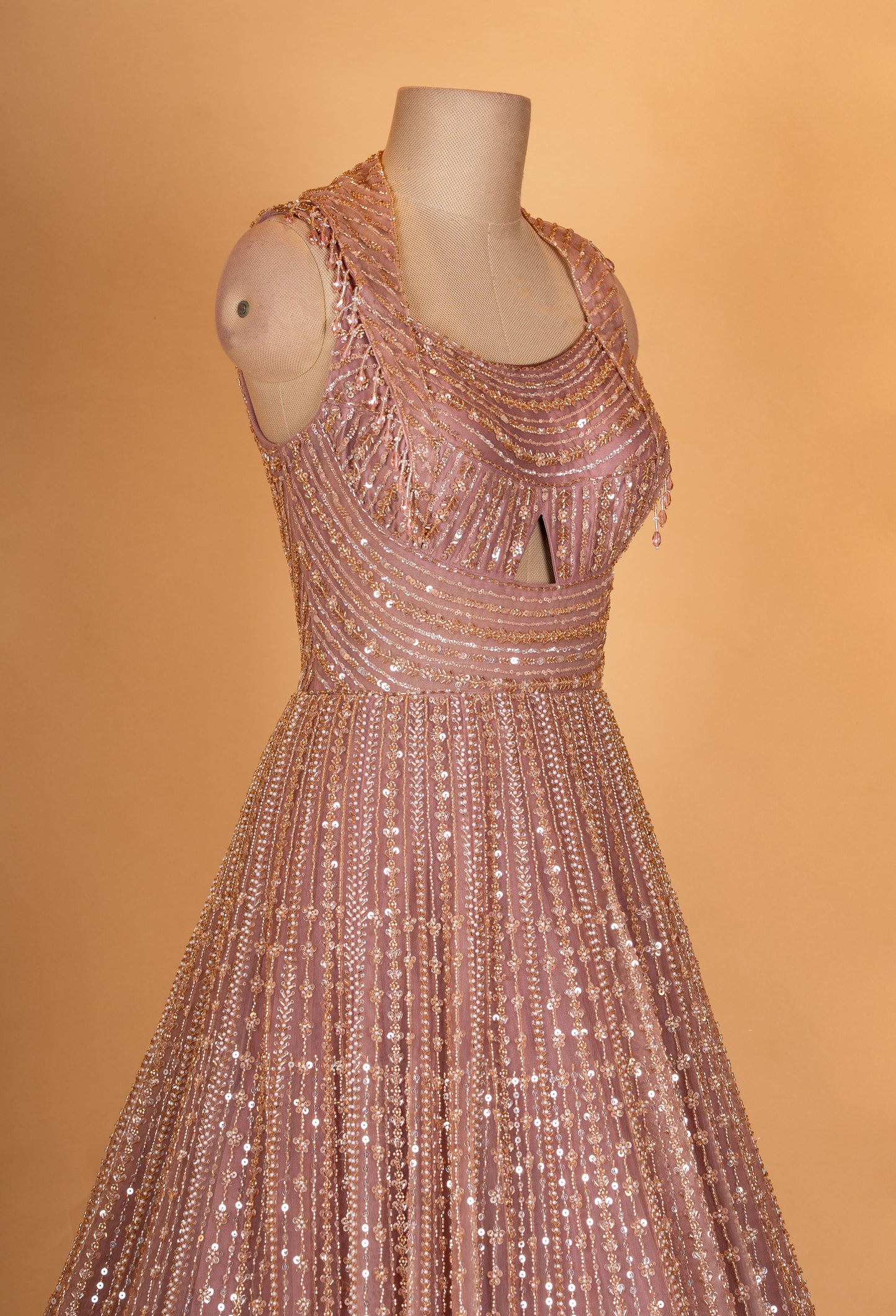 Rose Gold Sequin Embroidered Anarkali Gown for Women
