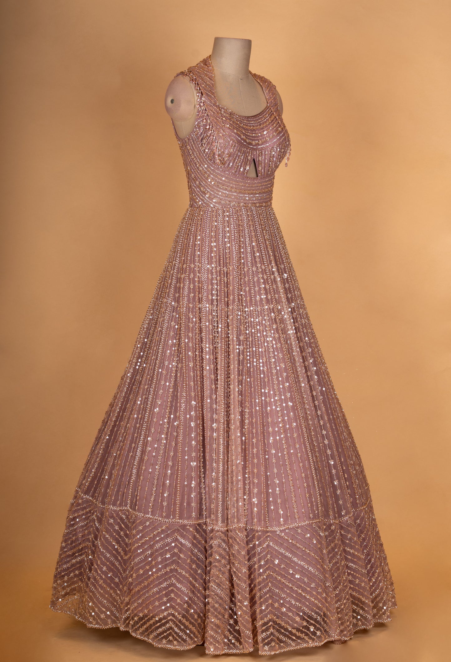 Rose Gold Sequin Embroidered Anarkali Gown for Women