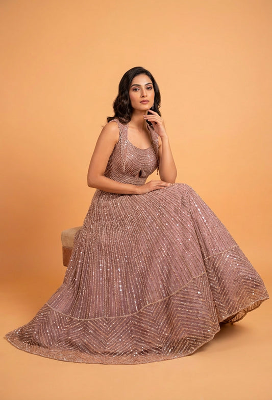 Rose Gold Sequin Embroidered Anarkali Gown for Women