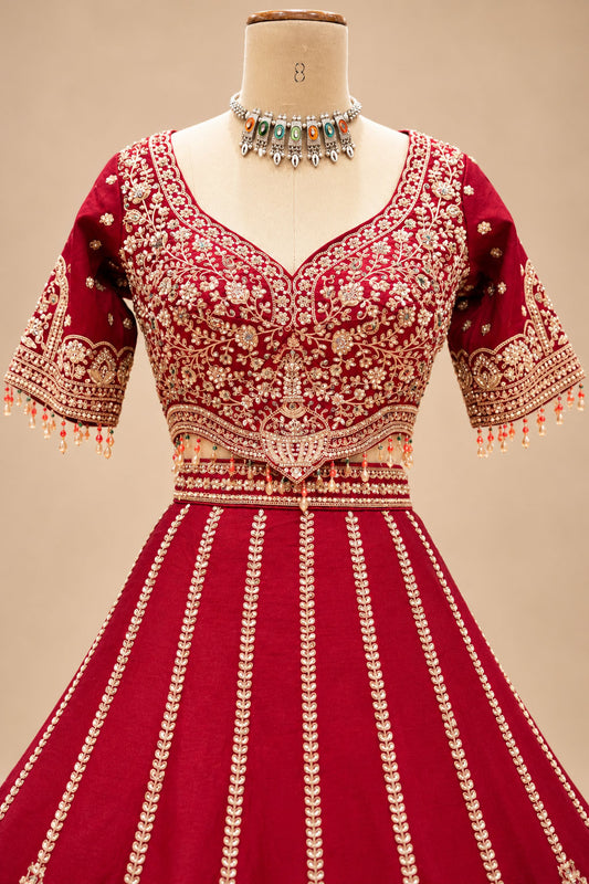 Luxury Red Bridal Lehenga with Heavy Gold Embroidery and Traditional Scalloped Border