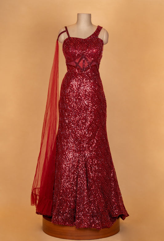 Wine red sequin mermaid gown with sheer cape – product image 2