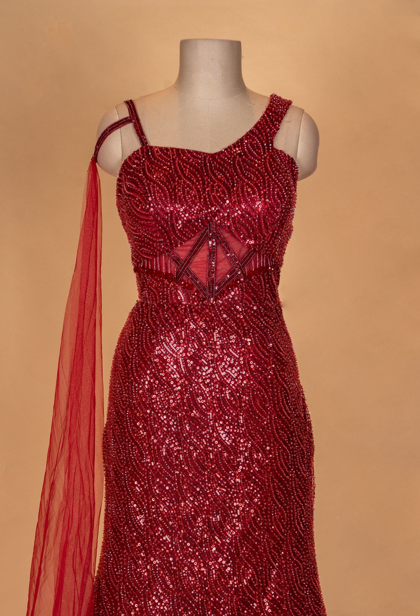 Wine Red Sequin Embellished Mermaid Gown with Sheer Cape
