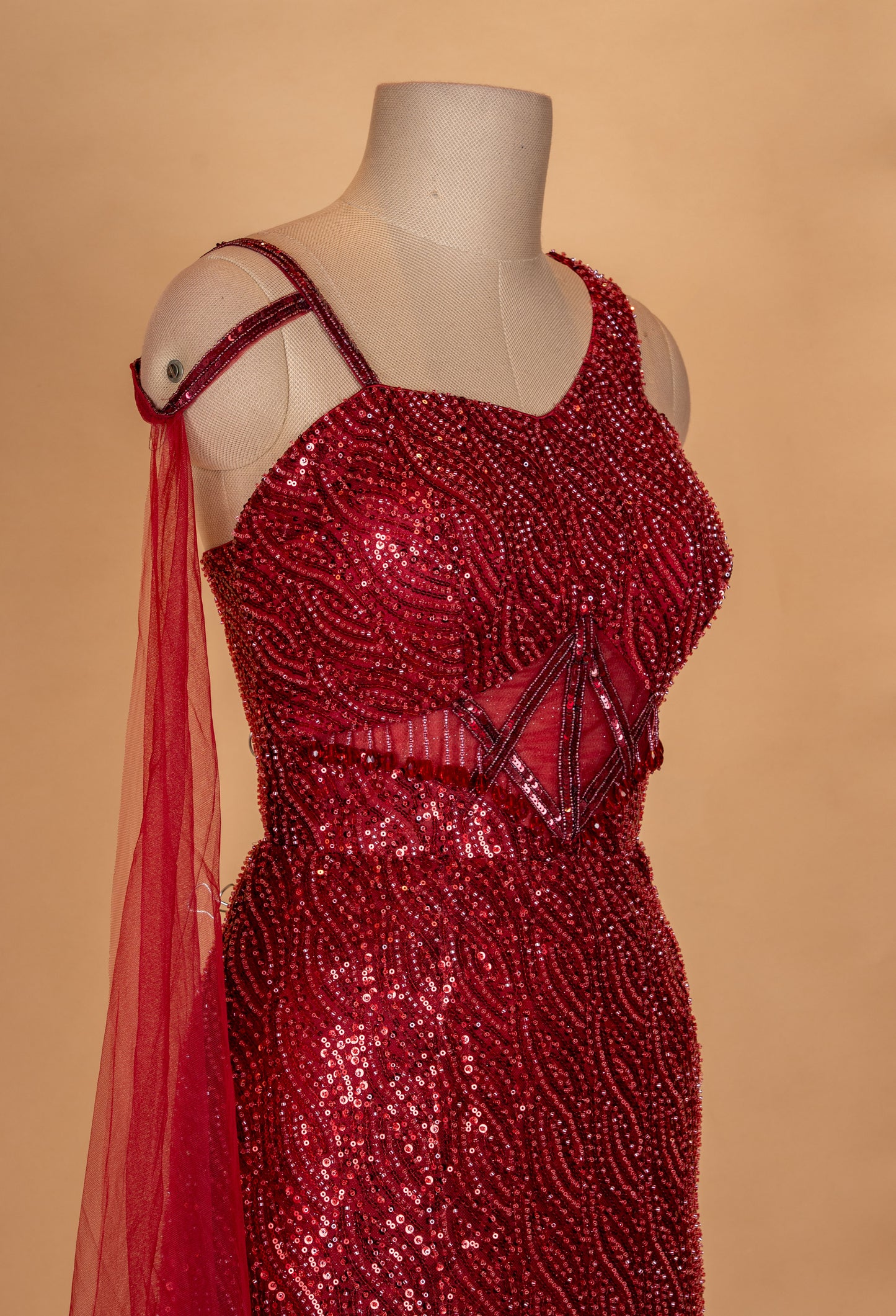 Wine Red Sequin Embellished Mermaid Gown with Sheer Cape