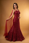 Wine Red Sequin Embellished Mermaid Gown with Sheer Cape