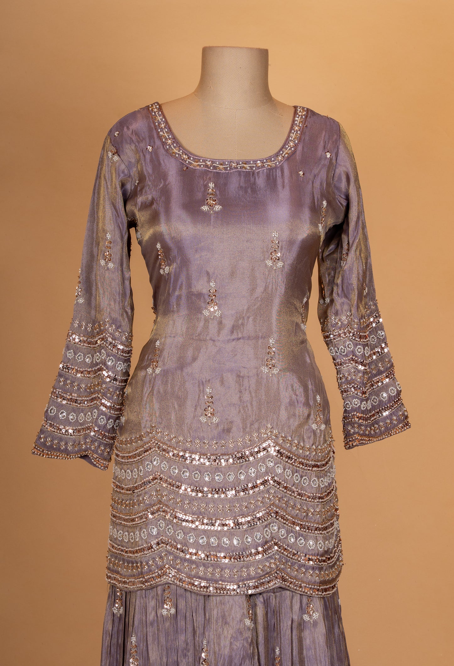 Dusty Lavender Embroidered Kurta Sharara Set with Dupatta