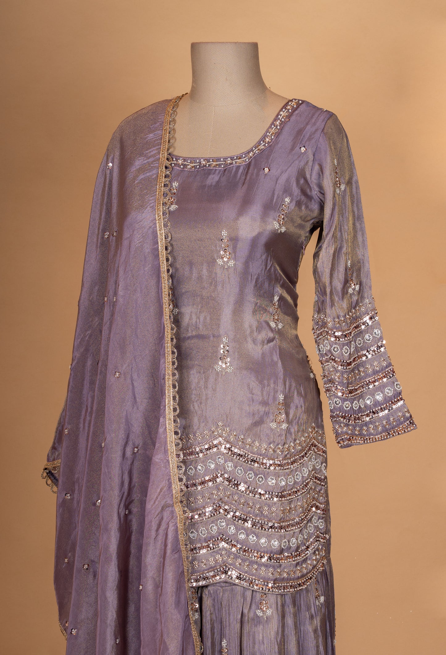 Dusty Lavender Embroidered Kurta Sharara Set with Dupatta
