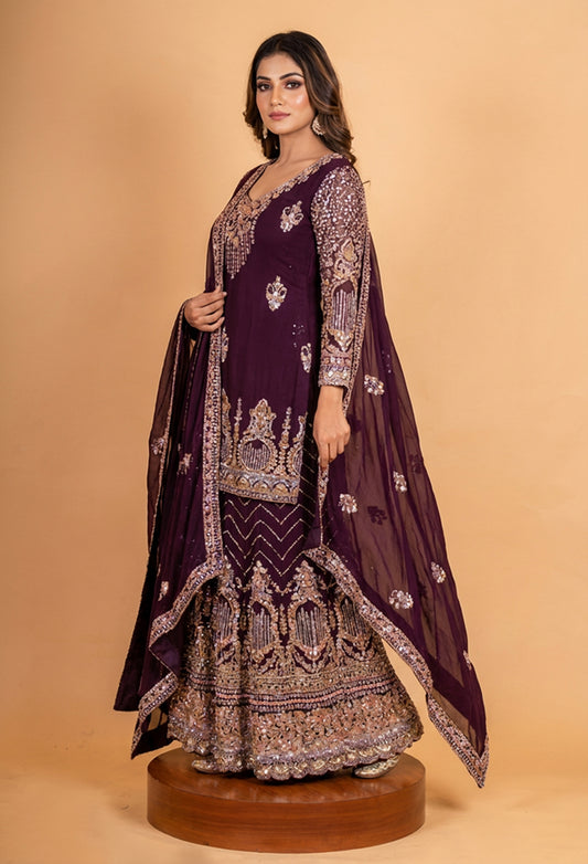 Elegant Wine Purple Embroidered Sharara Suit with Dupatta | Designer Festive & Wedding Wear
