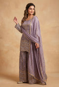 Dusty Lavender Embroidered Kurta Sharara Set with Dupatta