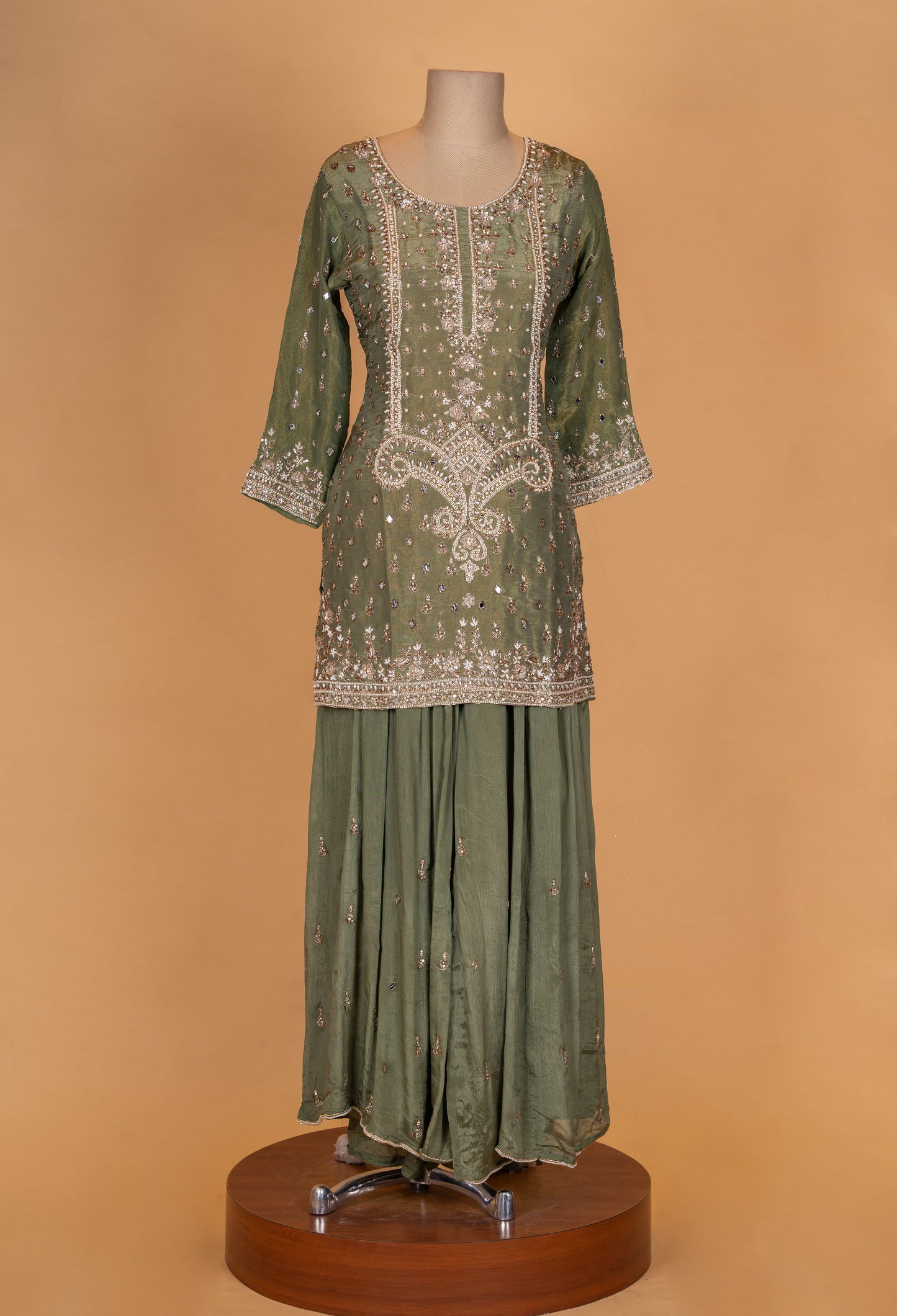 Olive Green Embroidered Kurta Sharara Set with Dupatta