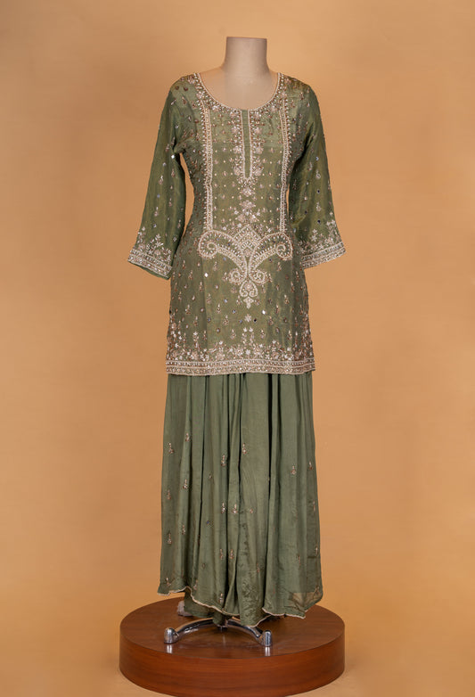 Olive green embroidered kurta sharara set with dupatta – product image 2