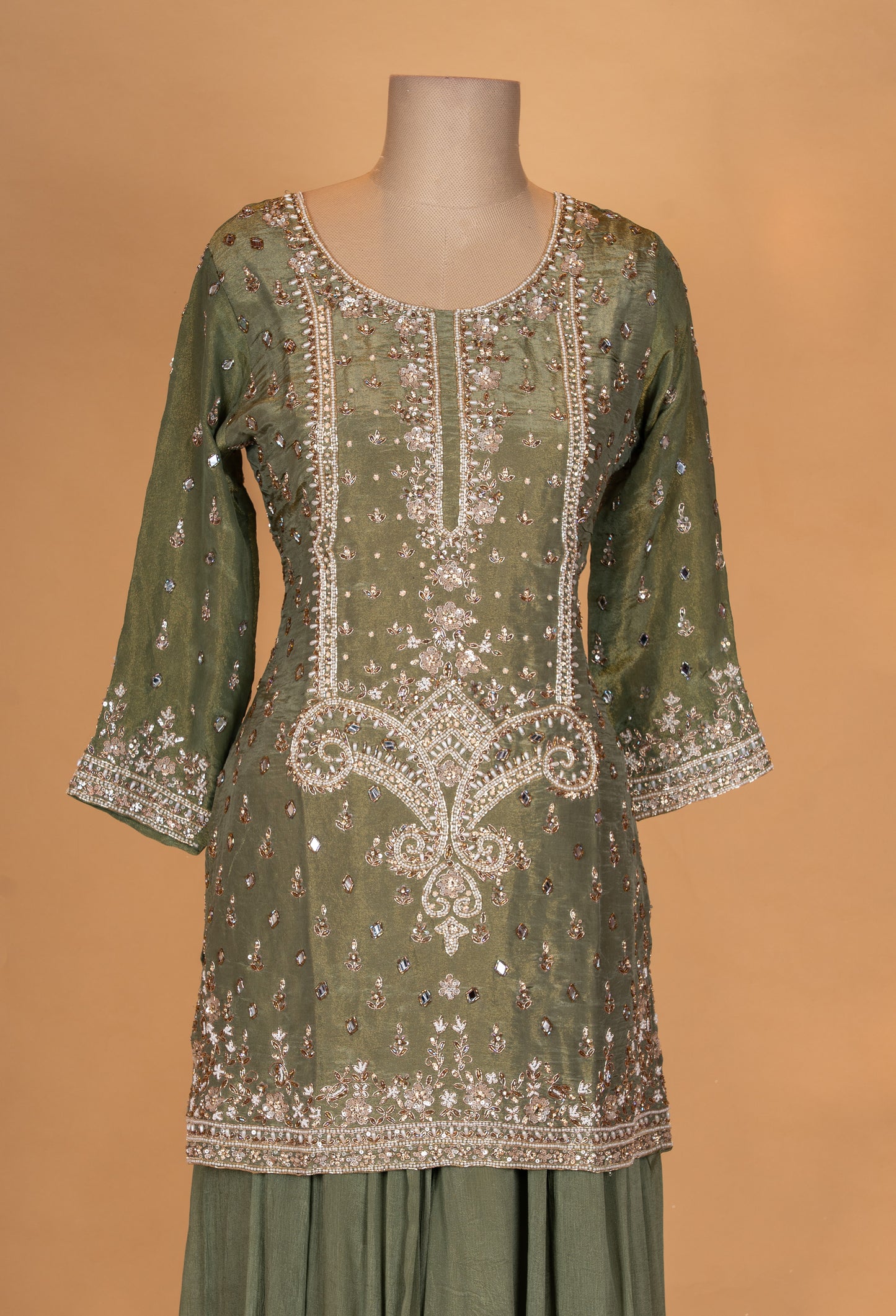 Olive Green Embroidered Kurta Sharara Set with Dupatta
