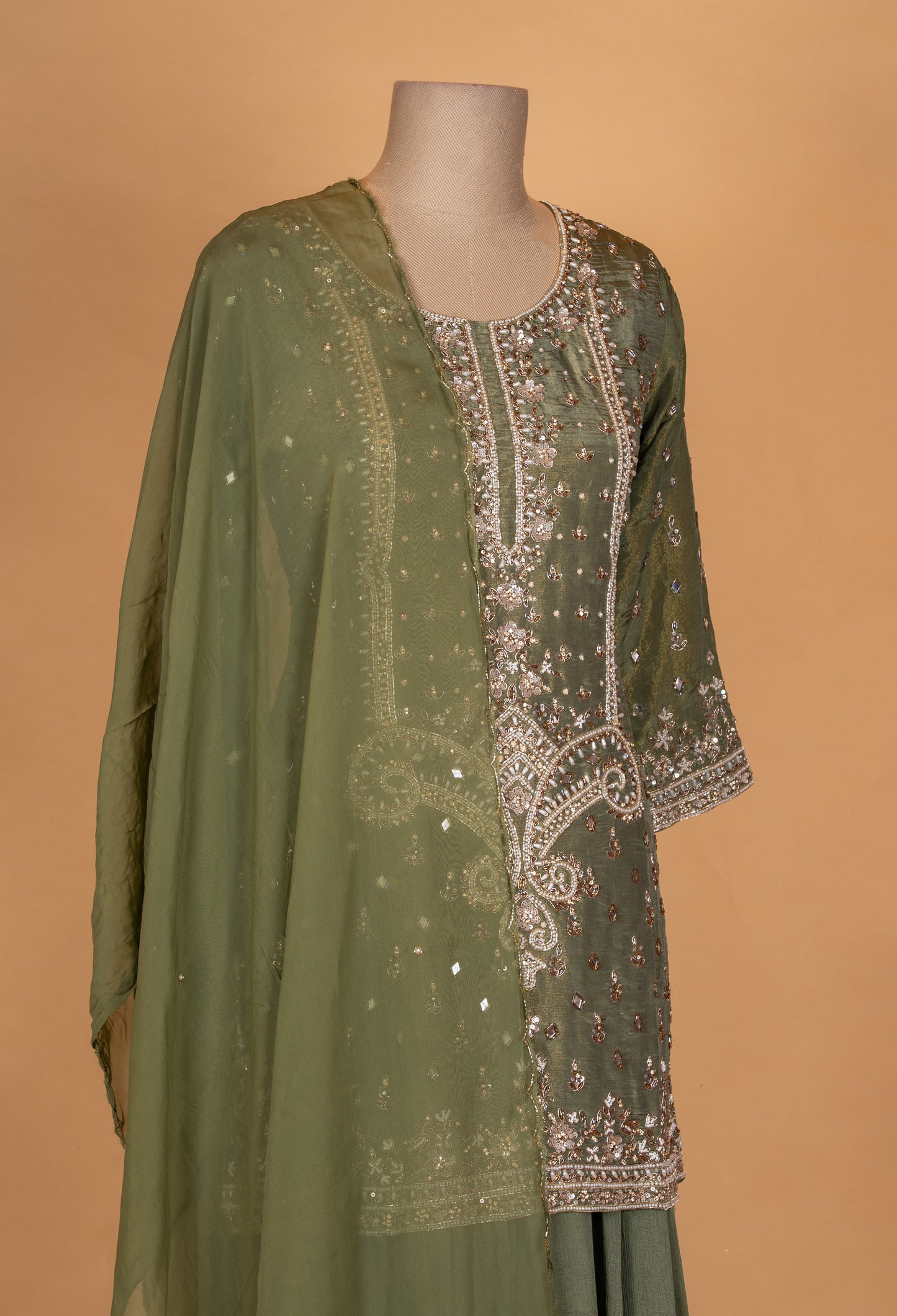 Olive Green Embroidered Kurta Sharara Set with Dupatta