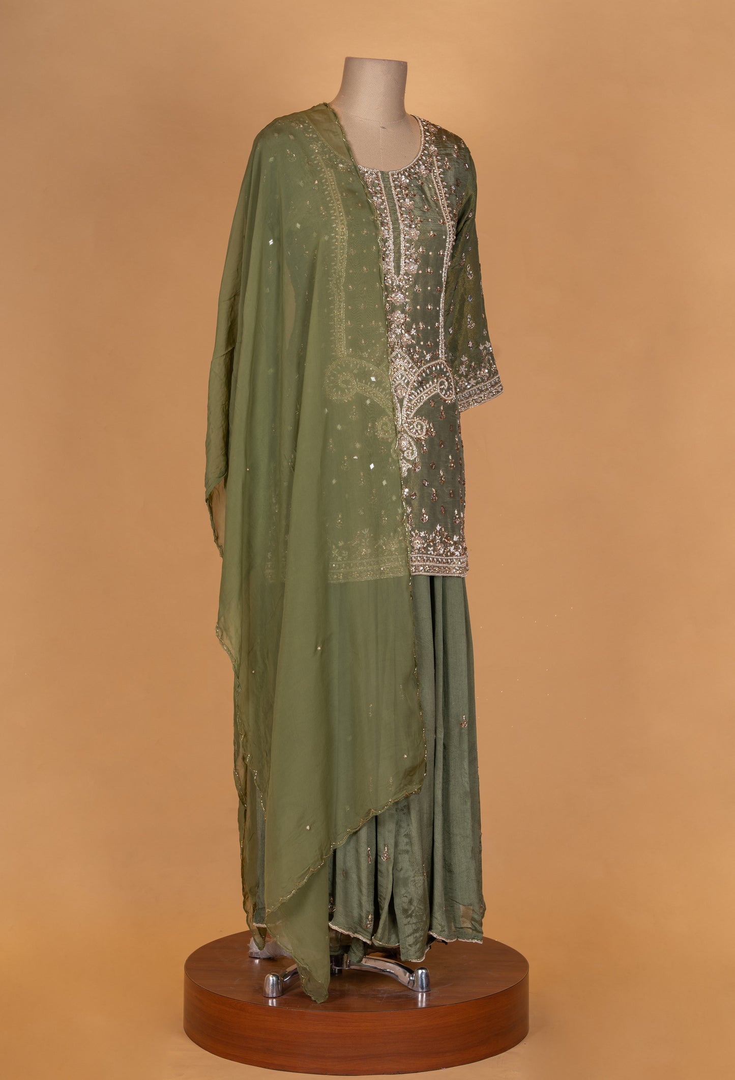 Olive Green Embroidered Kurta Sharara Set with Dupatta