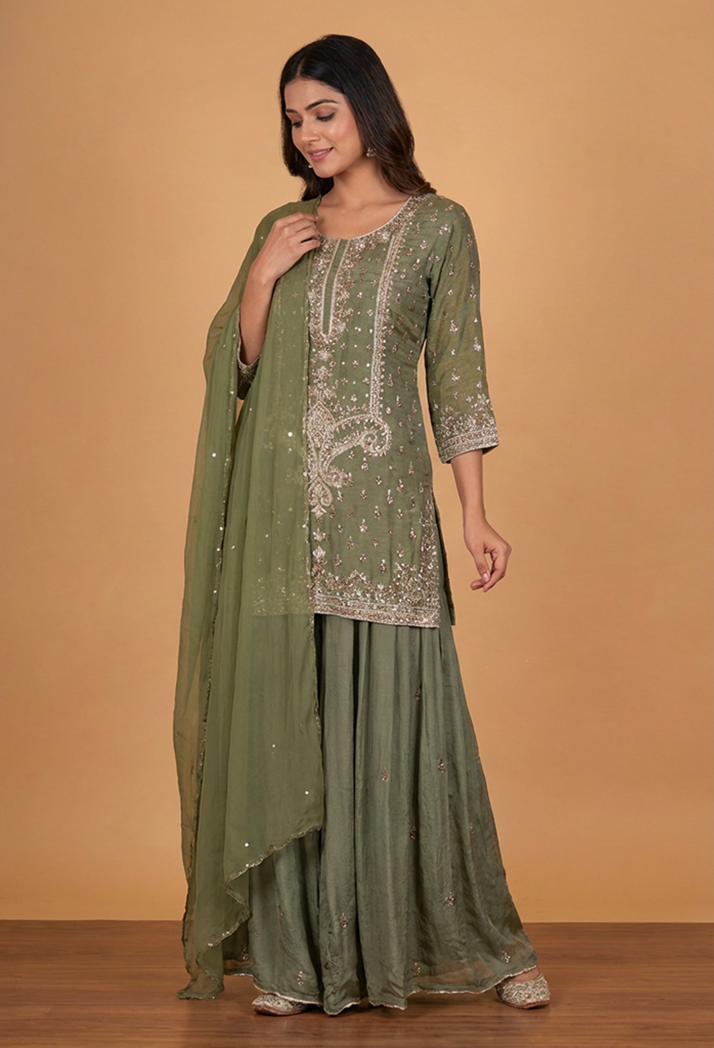 Olive Green Embroidered Kurta Sharara Set with Dupatta