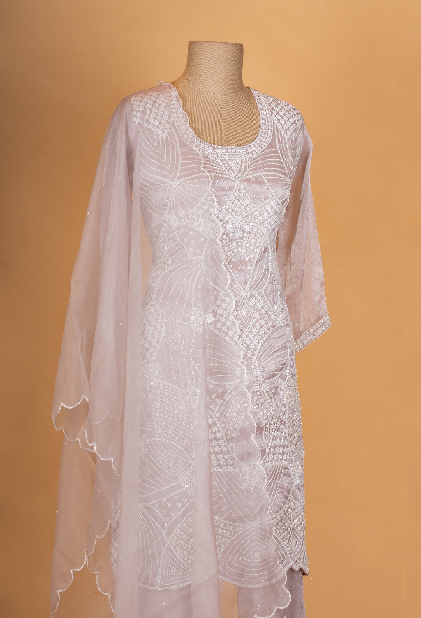 Elegant Ivory Embroidered Straight Cut Kurta Set with Organza Dupatta