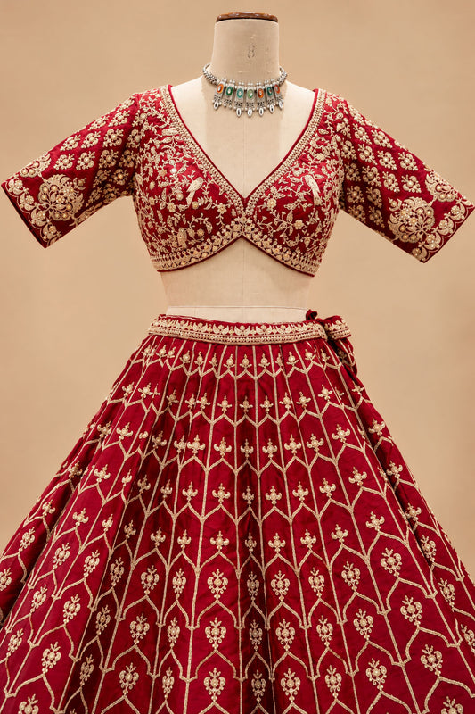 Luxury Red Bridal Lehenga with Gold Floral Embroidery and Scalloped Dupatta