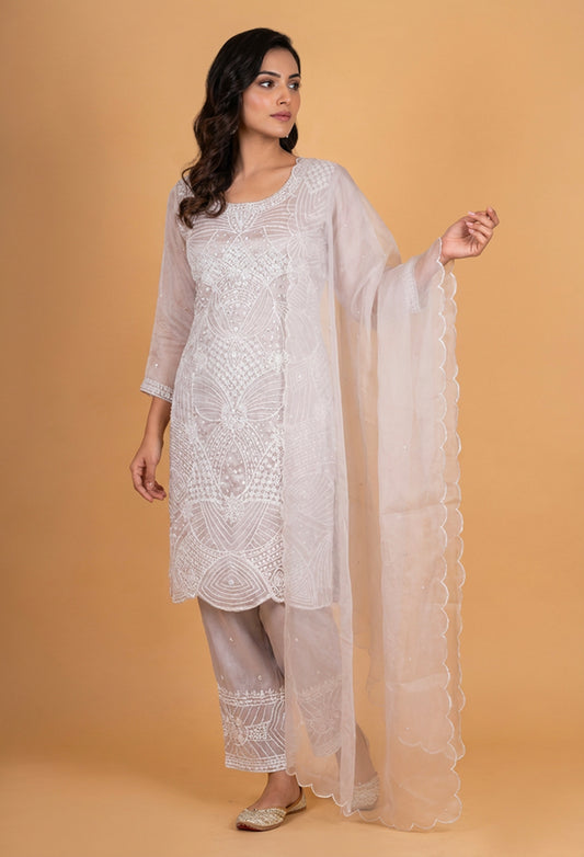 Elegant Ivory Embroidered Straight Cut Kurta Set with Organza Dupatta