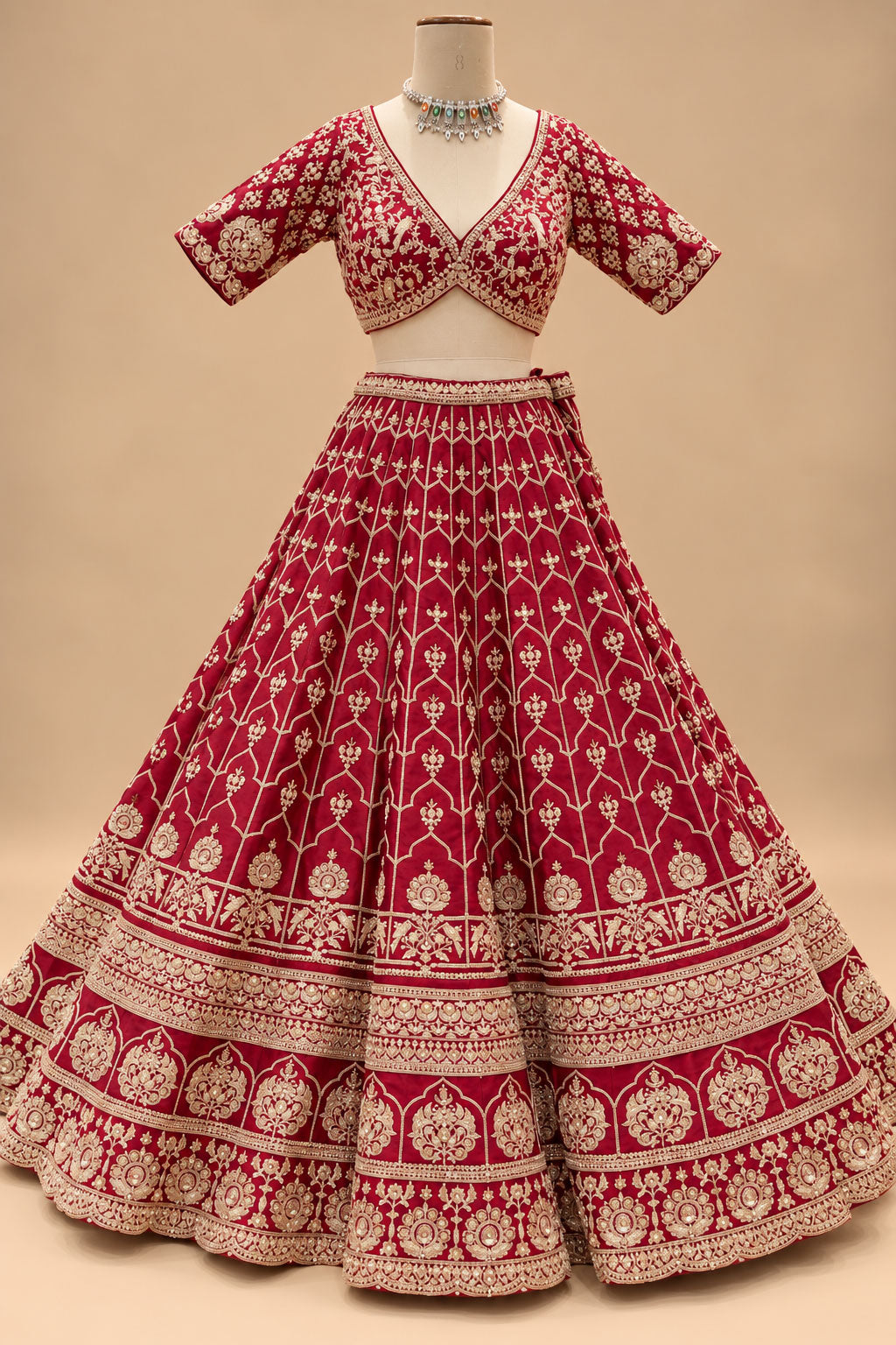 Luxury Red Bridal Lehenga with Gold Floral Embroidery and Scalloped Dupatta