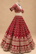 Luxury Red Bridal Lehenga with Gold Floral Embroidery and Scalloped Dupatta