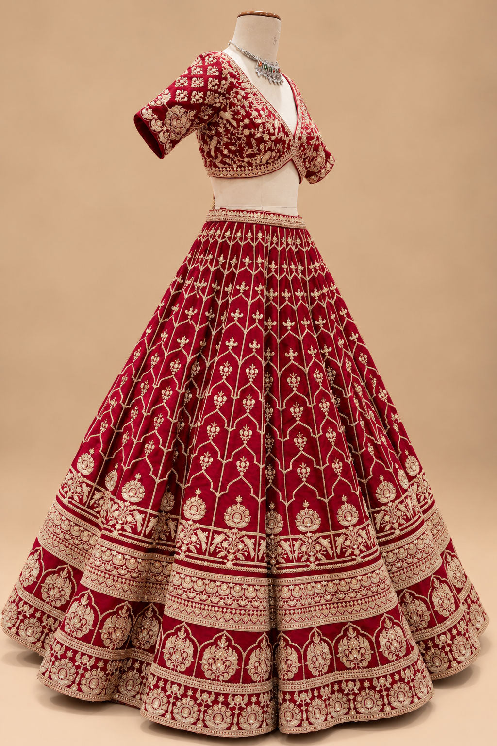 Luxury Red Bridal Lehenga with Gold Floral Embroidery and Scalloped Dupatta