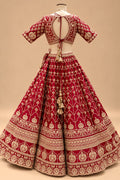Luxury Red Bridal Lehenga with Gold Floral Embroidery and Scalloped Dupatta