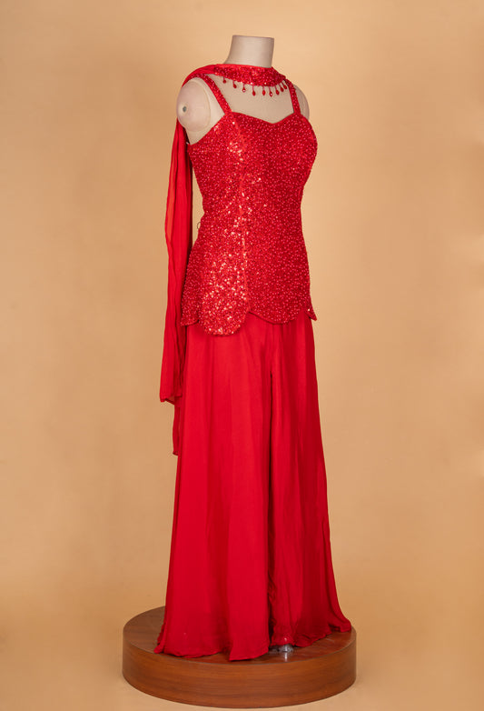 Red sequin embellished party gown with dupatta – product image 2