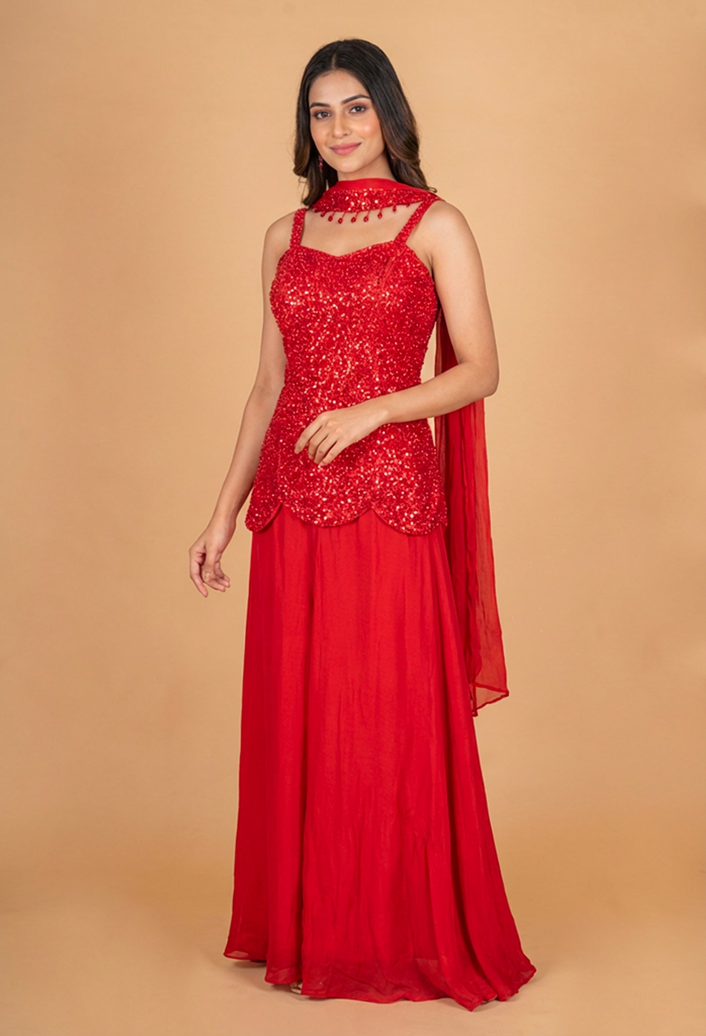 Red Sequin Embellished Party Wear Gown with Dupatta