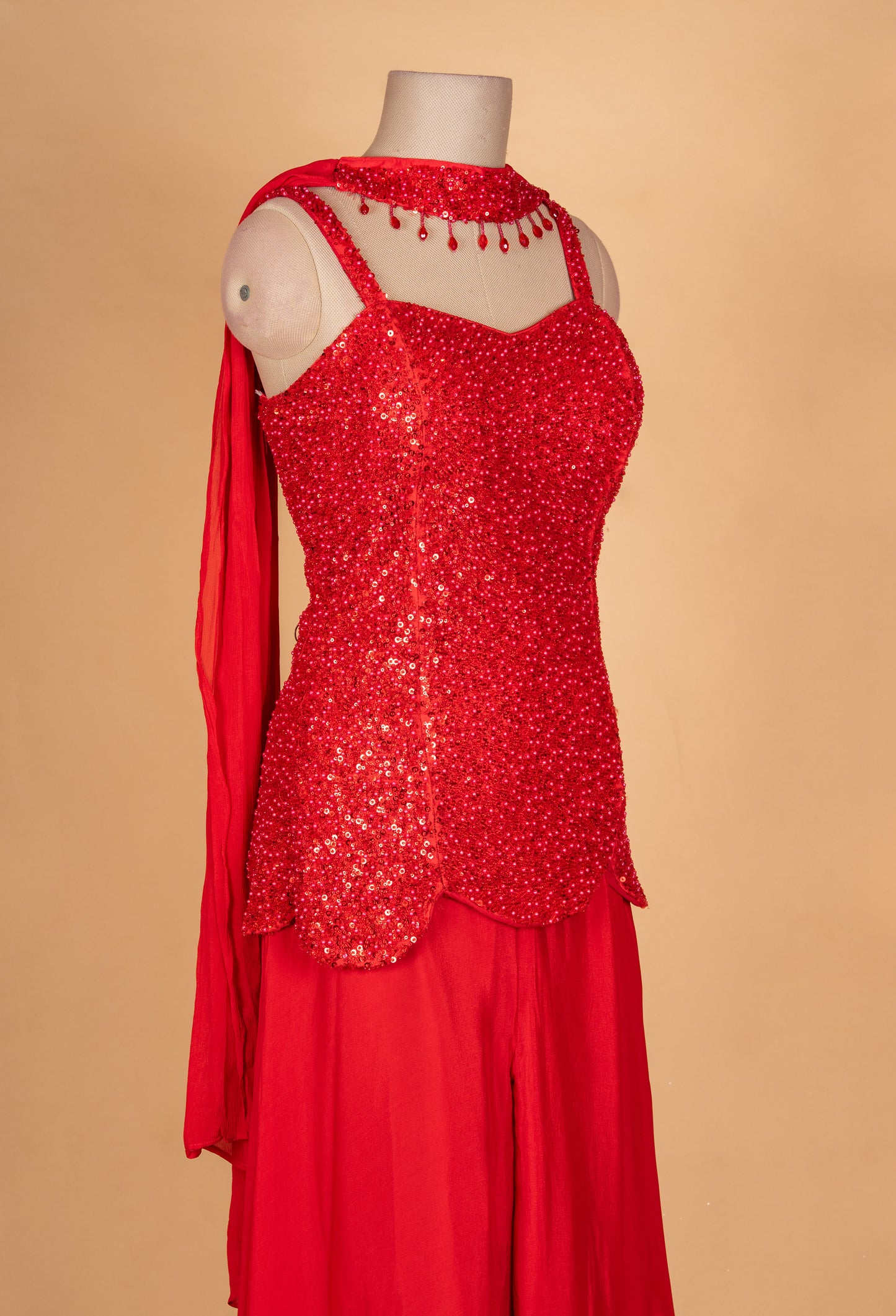 Red Sequin Embellished Party Wear Gown with Dupatta