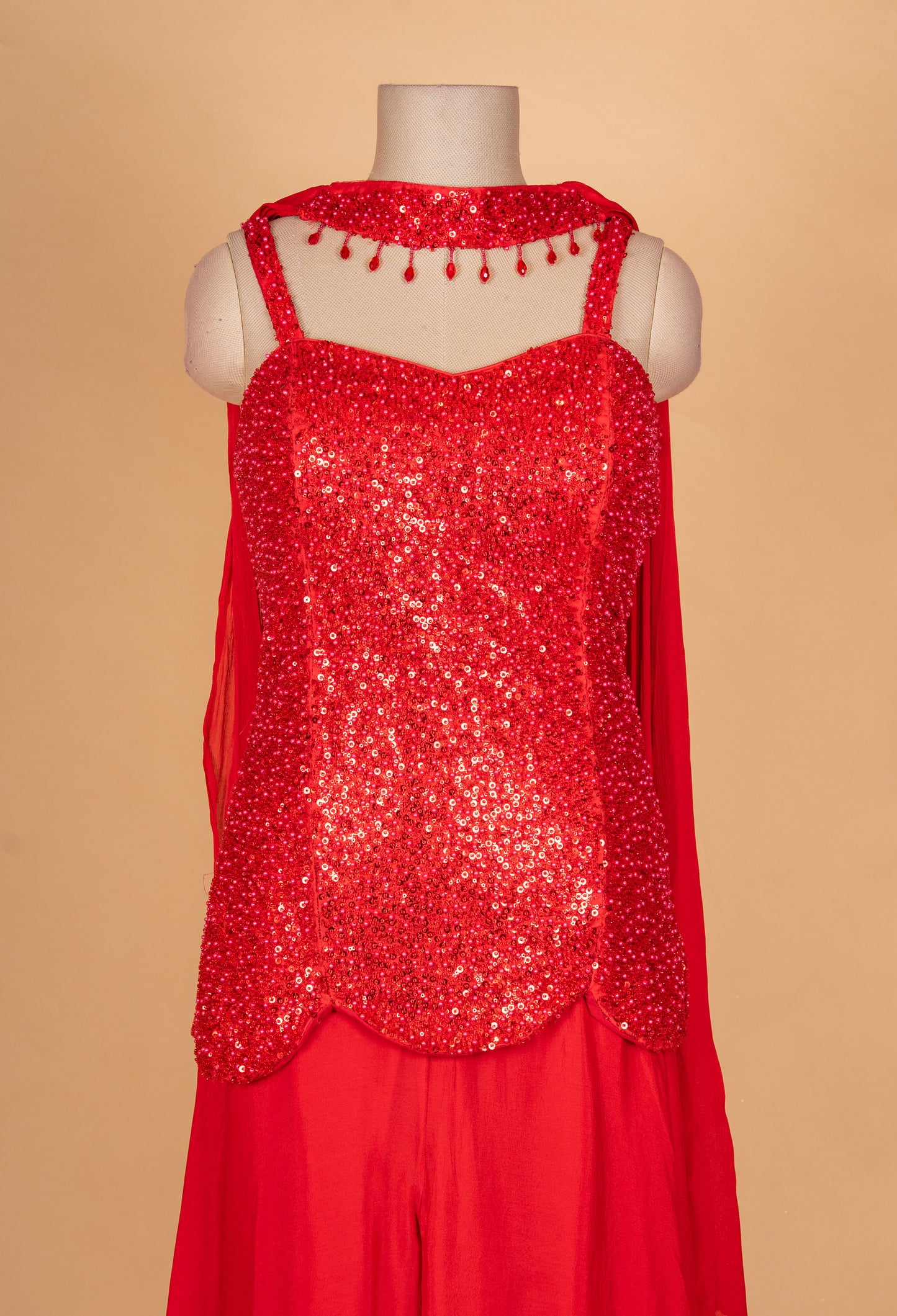 Red Sequin Embellished Party Wear Gown with Dupatta