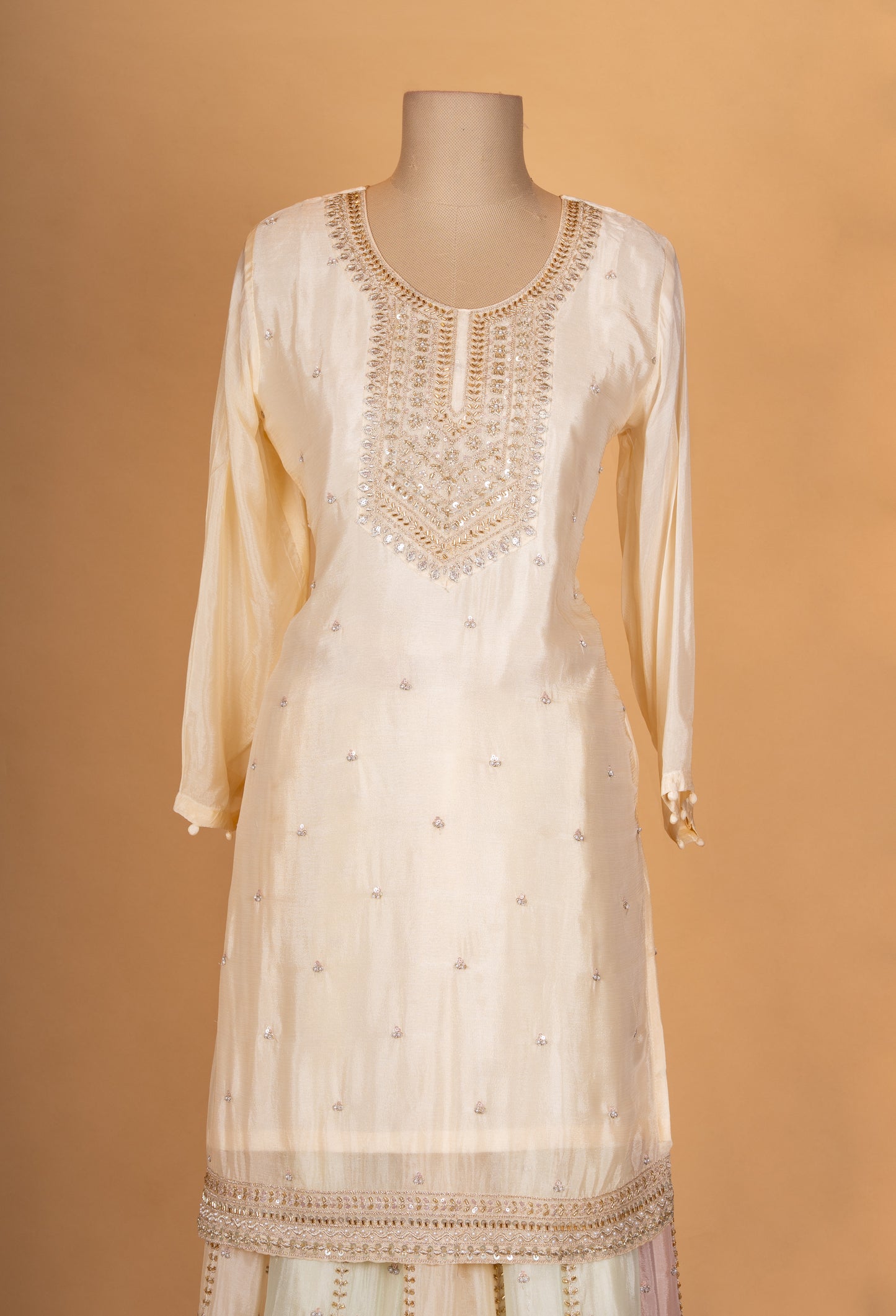 Elegant Cream Embroidered Kurta Set with Heavy Sharara & Dupatta