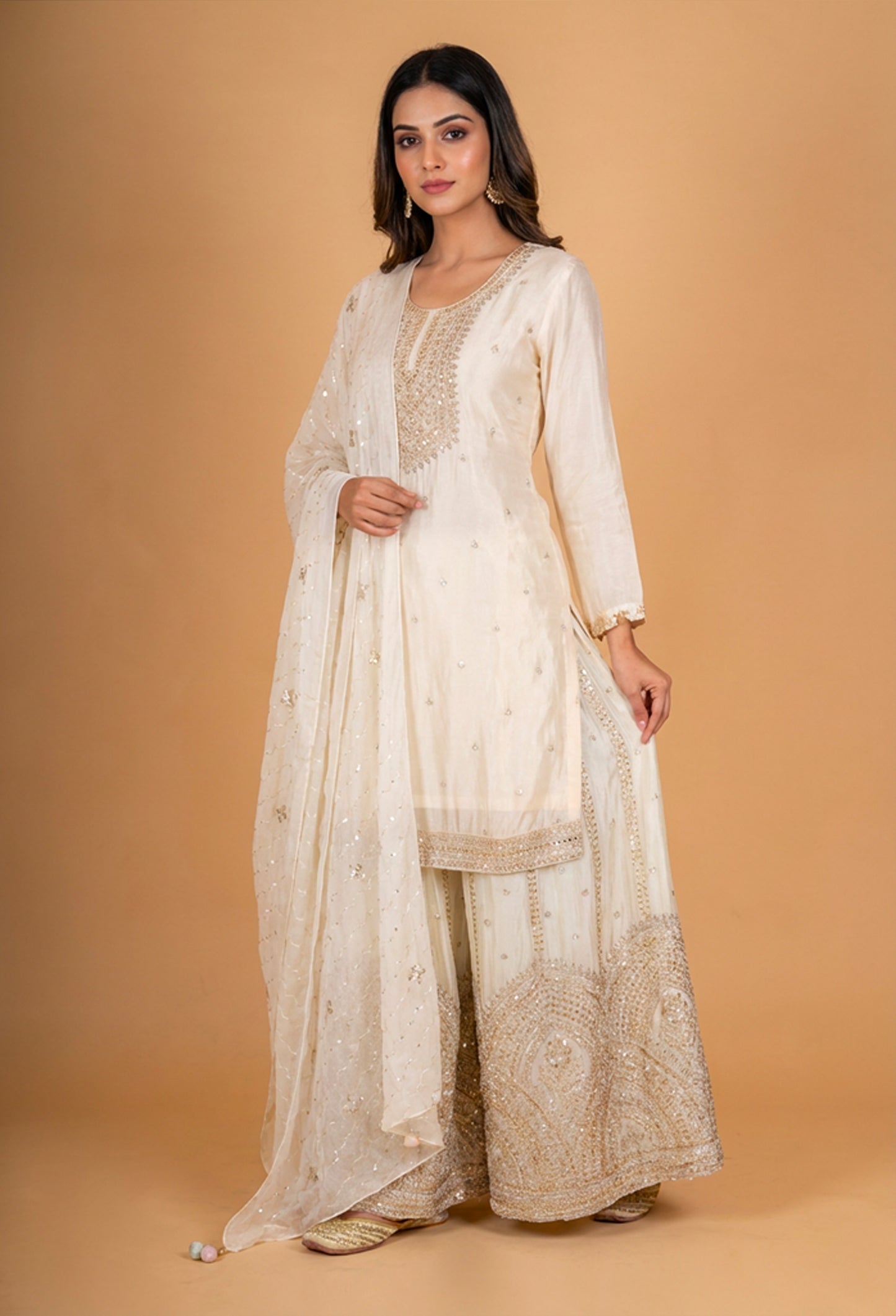 Elegant Cream Embroidered Kurta Set with Heavy Sharara & Dupatta