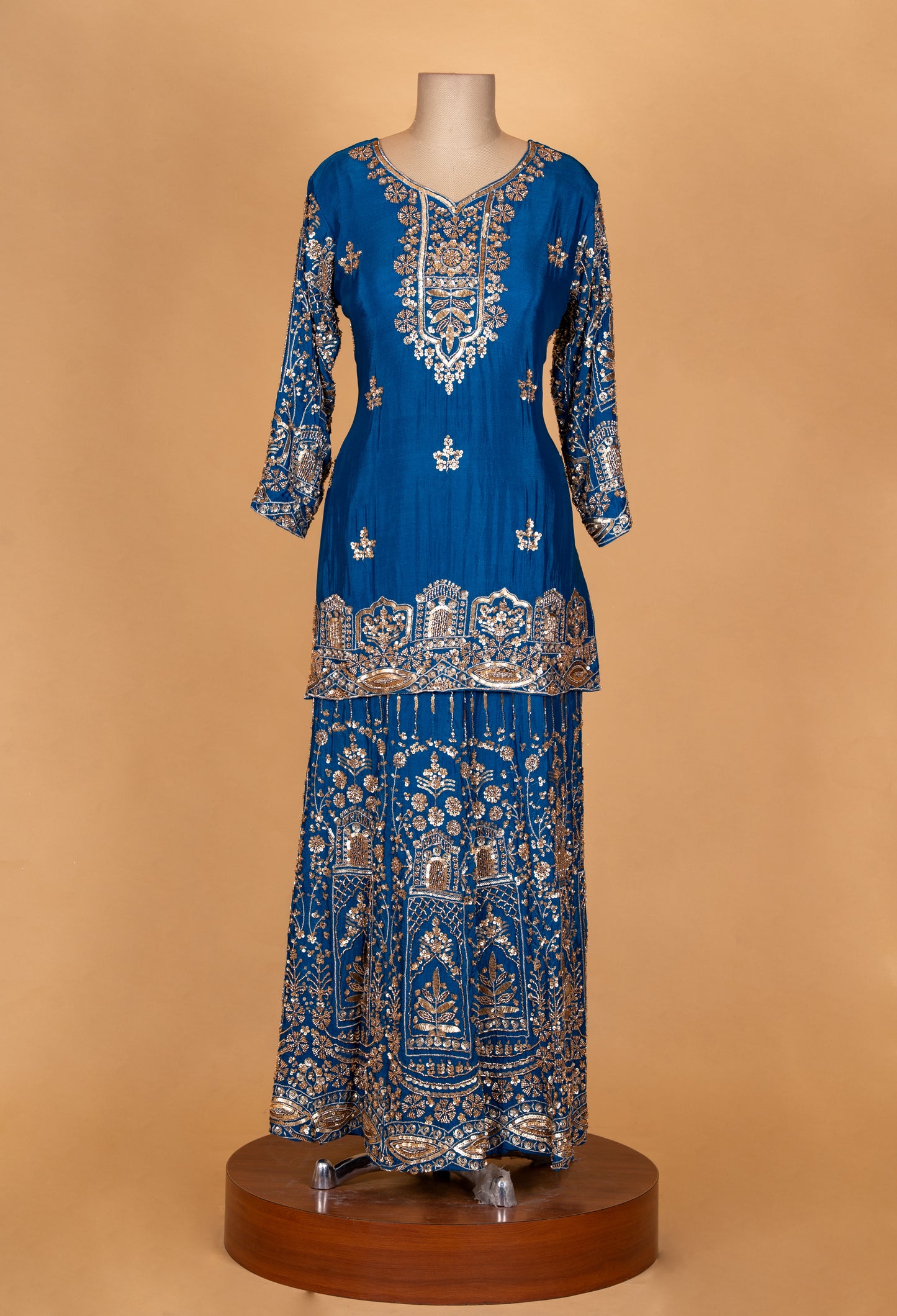 Teal Blue Embroidered Kurta Sharara Set with Dupatta