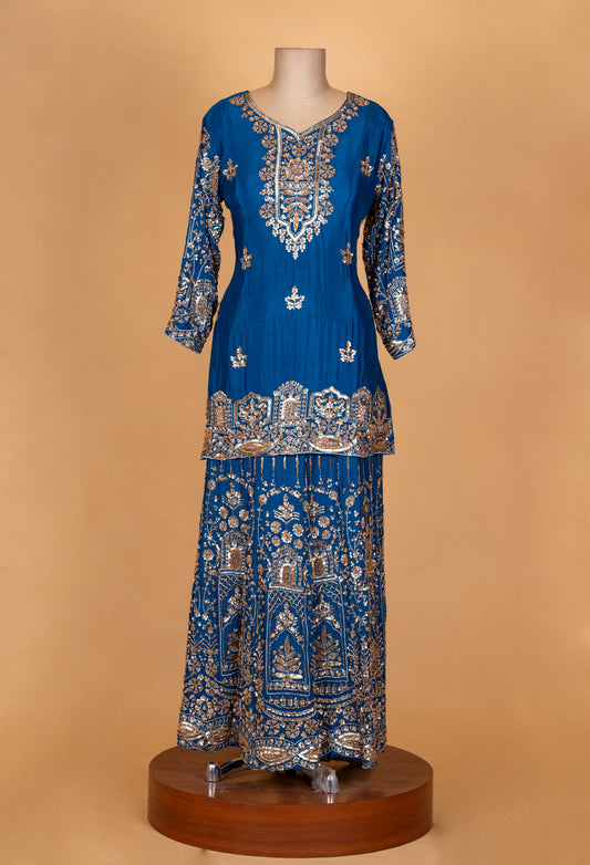 Teal blue embroidered kurta sharara set with dupatta – product image 2