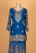 Teal Blue Embroidered Kurta Sharara Set with Dupatta